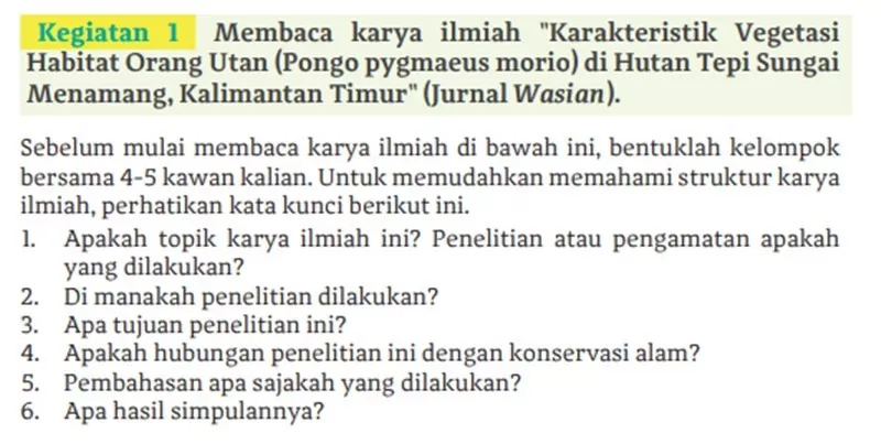 Kunci Jawaban Pertanyaan Karya Ilmiah Karakteristik Vegetasi Habitat Orang Utan... , Bahasa Indonesia Kelas 11 Halaman 181 Kurikulum Merdeka